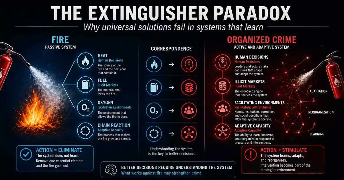 Extinguisher paradox infographic comparing fire as a passive system and organized crime as an adaptive system with learning and reorganization